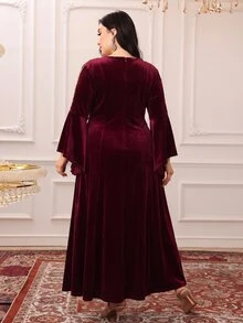 Al Najma Plus Size Women's Colorblock V-Neck Casual Party Arabian Dress - Burgundy - View 2