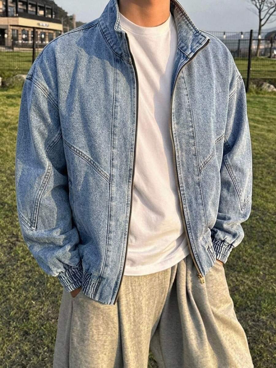 DAZY 男士純色藍色牛仔夾克，適合秋季 - 藍色 - 查看 1