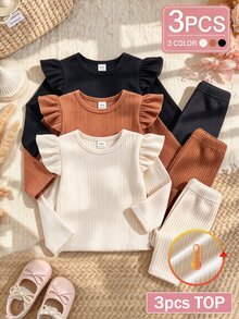 SHEIN Vintaside Kids 3pcs/Set Baby Girls Casual Solid Color Knit Long Sleeve Tops With Ruffle Shoulder, Infant Ribbed Crew Neck Pullover Tees - Multicolor - View 1