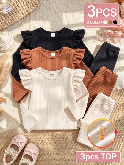 SHEIN Vintaside Kids 3pcs/Set Baby Girls Casual Solid Color Knit Long Sleeve Tops With Ruffle Shoulder, Infant Ribbed Crew Neck Pullover Tees