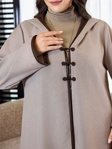 Al Najma Plus Size Women's Colorblock Casual Party Arabic Hooded Abaya - Khaki - View 7