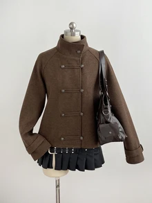 Mori Grove Mori Grove Women's New Wool Fabric Raglan Sleeve Long Sleeve Stand Collar Double-Breasted Metal Button Napoleon Style Fashion Vintage Versatile Daily Commute College Style Autumn Winter Outfit Overcoat - Coffee Brown - View 1
