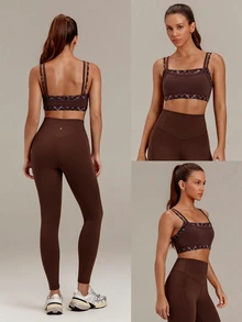 GLOWMODE FeatherFit™ 2-In-1 Removable Padding Mock 2 Piece Design Colorblock Sports Bra With Removable Anti-Slip Cups Yoga Pilates Studio Daily Wear - Brown - View 8