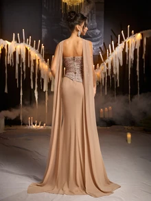 Glamrae Elegant Champagne Sequin Sequins Chiffon Strapless Sweetheart Ruched Draped Peplum Cape Mermaid Train Wedding Guest Prom Ball Autumn Evening Gown - Champagne - View 6