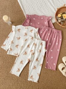 SHEIN Vintaside Kids 4件/2套女嬰可愛卡通泰迪熊與櫻桃印花羅紋針織兩件套，荷葉邊長袖上衣+長褲，適合日常穿著，秋冬款 - 彩色 - 查看 2