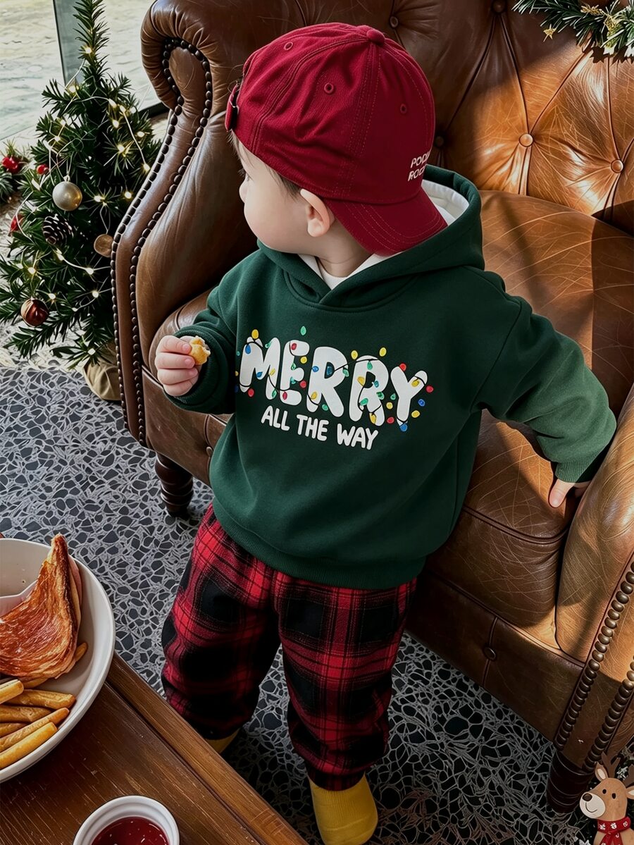 Young Boy Christmas Letter & Light Print Hoodie And Plaid Jogger Pants Set, 2 Pieces Casual Outfit - Multicolor - View 1