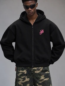 HypeHours Men's Letter Print Zip-Up Hoodie Sweatshirt Sweatshirt - Black - View 3