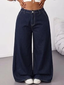 SHEIN CURVE+ 大尺碼女款寬鬆寬腿休閒牛仔褲，附口袋 - 深色水洗藍 - 查看 6