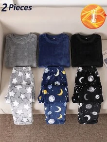 男童灰色純色上衣與星星印花寬鬆長褲2件式居家套裝，雙面法蘭絨加厚抓毛保暖家居服，秋冬款 - 彩色 - 查看 1