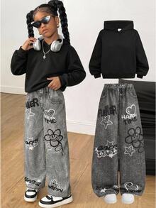 Tween Girl Black English Letter Star Flower Print Sweatshirt And Pants 2 Pieces Set - Black - View 1