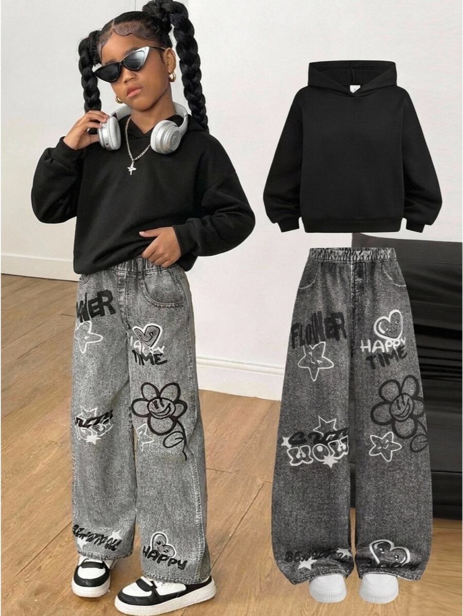 Tween Girl Black English Letter Star Flower Print Sweatshirt And Pants 2 Pieces Set - Black - View 1
