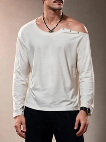 ZURIURI Men's Long Sleeve Off-White Asymmetric Shoulder Button Loose Fit T-Shirt, 80s Streetwear, Fall/ Rave Vacation Date Night Sunset Soiree - White - View 6