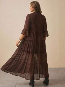 SHEIN VCAY Plus Size Women's Solid Color Notch V-Neck Bell Sleeve Elegant Dress - Coffee Brown - View 4
