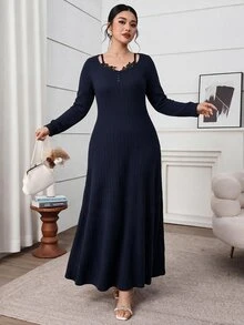 Feyla Plus Size Women's Contrast Lace Long Sleeve Elegant Dress - Navy Blue - View 3