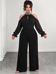 Femmeverse Plus Size Women's Patchwork Sequin Cold Shoulder Long Sleeve Elegant Wide Leg Jumpsuit - Black - View 5