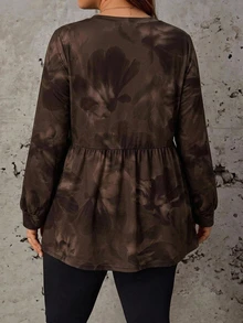 SHEIN LUNE Vintage Tie-Dye Floral Minimalist Casual Plus Size Loose Long Sleeve Shirt, Suitable For Spring And Autumn Fall - Multicolor - View 2