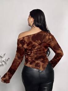 Firerie Plus Size Women's All-Over Print One-Shoulder Ruched Casual Daily T-Shirt - Multicolor - View 2
