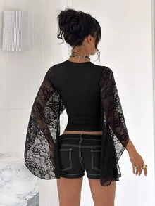 EgrlEra Women's Black V-Neck Contrast Lace Flare Sleeve T-Shirt - Black - View 2