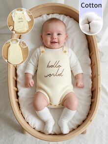 SHEIN Infant Cami Sweater Romper Hello World Letter Embroidery Knit Camisole Newborn Commemorative Outfit Minimalist Baby Clothing - Beige - View 3