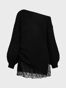 LUMIGAL Women's Fall Black Fuzzy Sweater Dress, Cold Shoulder Loose Long Sleeve Lace Hem Pullover, Suitable For Dating, Street Style Sexy Night Out Date Night - Black - View 4