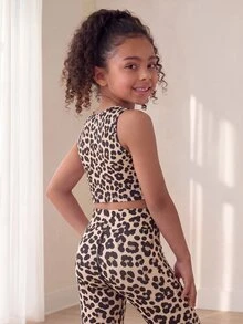 SHEIN Young Girls' Fashion Casual Leopard Print 3 Pieces Set, Fashionable Comfortable High Elasticity, Suitable For Sports, Exercise, Outdoor Activities, Shopping And More - Coffee Brown - View 6