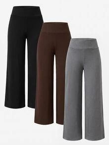 SHEIN Tween女孩秋冬針織黑色、深灰色、淺灰色高腰寬腰帶修身直筒寬腿長褲，百搭簡約舒適街頭風3件套 - 彩色 - 查看 10