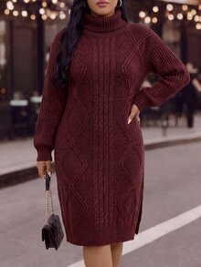 EMERY ROSE فستان كنزة شتوي للنساء بمقاسات كبيرة بياقة عالية وتصميم كابل ملتوي وحافة مشقوقة بطراز عتيق - عنابي اللون - مشاهدة 4