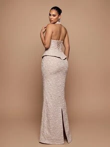Vowa Plus Size Elegant Romantic Champagne Halter Neck Ruched Fishbone Pleated Waistband Bodycon Bodycon Back Slit Evening Gown For Wedding Party Celebration Formal Event Dinner (Intricate Design) - Champagne - View 4