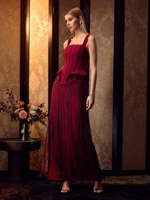 MOTF Soiréza ELEGANT STRAPS SLEEVELESS MAXI GOWN WITH FRINGE HEM FOR FORMAL PARTIES, WEDDINGS, GALAS - Burgundy - View 5
