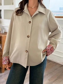 DAZY Patchwork Fabric Loose Lapel Casual Streetwear Korean Style Vacation Autumn/Winter Maternity Regular Jacket - Khaki - View 6