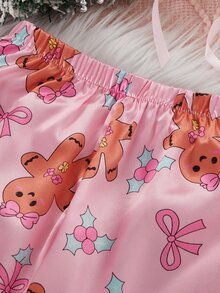 Young Girl Autumn/Winter Christmas Pajamas 2pcs Gingerbread Man Satin Button Long Sleeve Pants Lapel Print Girls - Multicolor - View 7