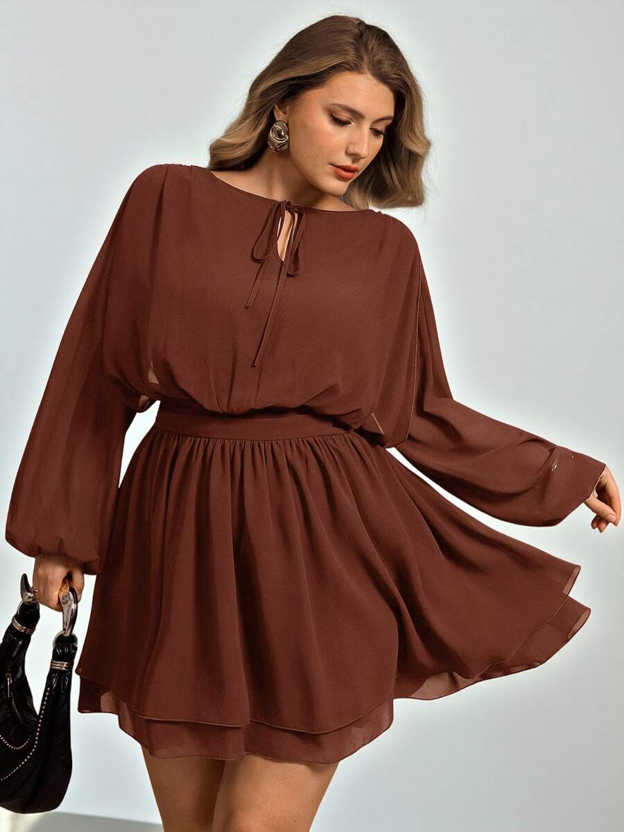 Auralis Plus Size Women's Tie Neck Lantern Sleeve Ruffle Hem Fashion ...