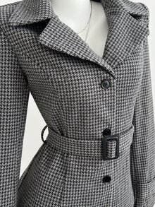 Mori Grove Mori Grove Women's New Lapel Collar Long Sleeve Cinched Waist Waist Slim Fit Houndstooth Tweed Jacket, Versatile For Daily Commute, Spring Autumn Winter, Preppy Style - Grey - View 8