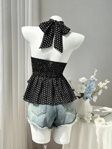 SHEIN EZwear 女款春夏秋棕色與藍色波點印花雪紡掛脖綁帶露背荷葉邊層次上衣，優雅通勤辦公室復古休閒購物約會日常穿搭百搭 - 黑色 - 查看 2