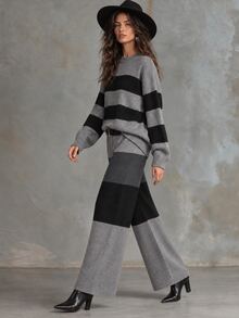Solivie Women's Autumn/Winter Sweater 2 Pieces Set, Grey And Black Color Block Design Women Fall Winter Sweater Winter Set - Grey - View 7