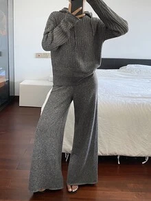 Livesso Women's Solid Color Drop Shoulder Long Sleeve Hoodie Sweater And Knit Pants Casual Set - Dark Grey - View 4