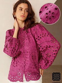 BELROSIE 秋季新款法式風情高級休閒重工刺繡鏤空百褶泡泡長袖襯衫 - 玫紅色 - 查看 1