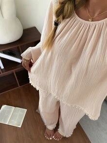DAZY 2pcs Women's Pajama Set With Tassel Patchwork Solid Color Loose Long Sleeve Top And Long Pants - Apricot - View 11