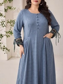 Al Najma Plus Size Women Solid Color Pleated Casual Party Arabian Dress - Dusty Blue - View 7