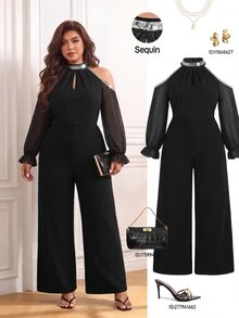 Femmeverse Plus Size Women's Patchwork Sequin Cold Shoulder Long Sleeve Elegant Wide Leg Jumpsuit - Black - View 4