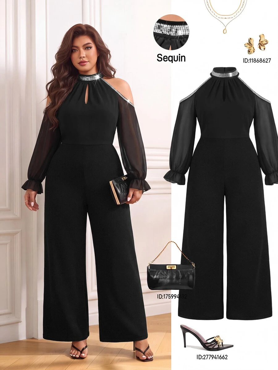 Femmeverse Plus Size Women's Patchwork Sequin Cold Shoulder Long Sleeve Elegant Wide Leg Jumpsuit - Black - View 1