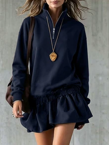 LUMIGAL 女款素色百褶休閒百搭日常長袖運動衫 - 藏蓝色 - 查看 1
