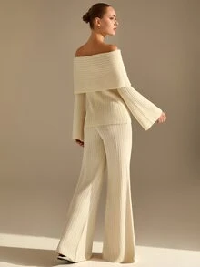 CLARA VERO Off Shoulder Palazzo Knit Set, Evening Or Dinner, Folded Neck, Flare Sleeve, Asymmetric Front - Cream - View 3