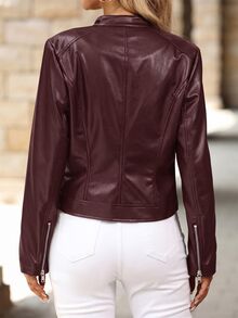 SHEIN Clasi 女款秋冬休閒純色抓絨內裡拉鍊夾克 - 酒紅色 - 查看 2
