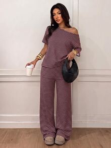 Siren Gaze Women's Striped One-Shoulder Top And Loose Pants Set - Burgundy - View 5