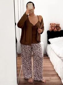 Napfluff CURVE Napfluff CURVE Plus Size Women Solid Color Camisole, Cardigan And Long Pants Casual Daily Home Sleepwear Set - Brown - View 6
