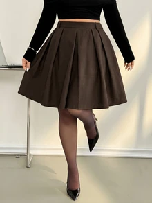 SHEIN CURVE+ تنورة كاجوال مطوية بخصر عالي بلون موحد للنساء مقاس كبير للخريف - الأسود - مشاهدة 7