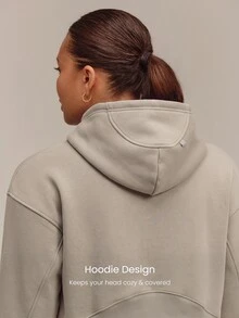 GLOWMODE Plus Size Everyday Fleece Keep It Cozy Oversized Half-Zip Hoodie With Thumbholes & Side Pockets Daily Casual Fall Winter Wear - Khaki - View 4