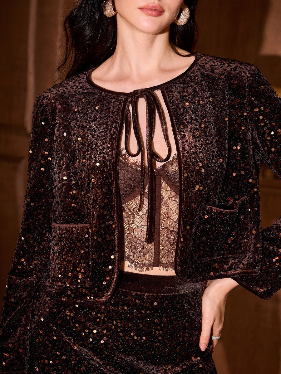 MOTF PREMIUM WOMEN'S SEQUIN LONG SLEEVE JACKET AND MINI SKIRT FASHION SET - Burgundy - View 1