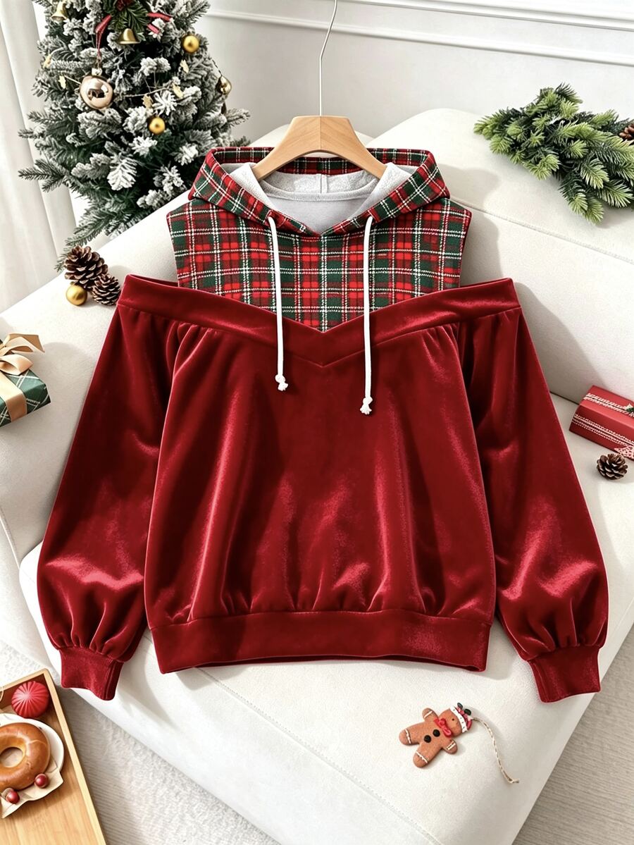 SHEIN LUNE CURVE بلوزة رياضية موضة مقاسات كبيرة بنقشة مربعات وأكتاف مكشوفة - الأحمر - مشاهدة 1